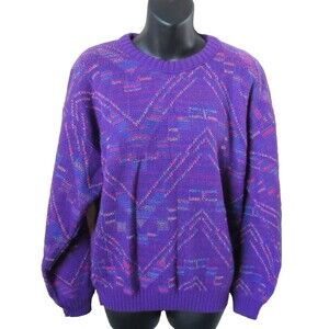 Womens Vintage Purple Knit Sweater USA ZigZag Funky Pattern Design Retro Grandma